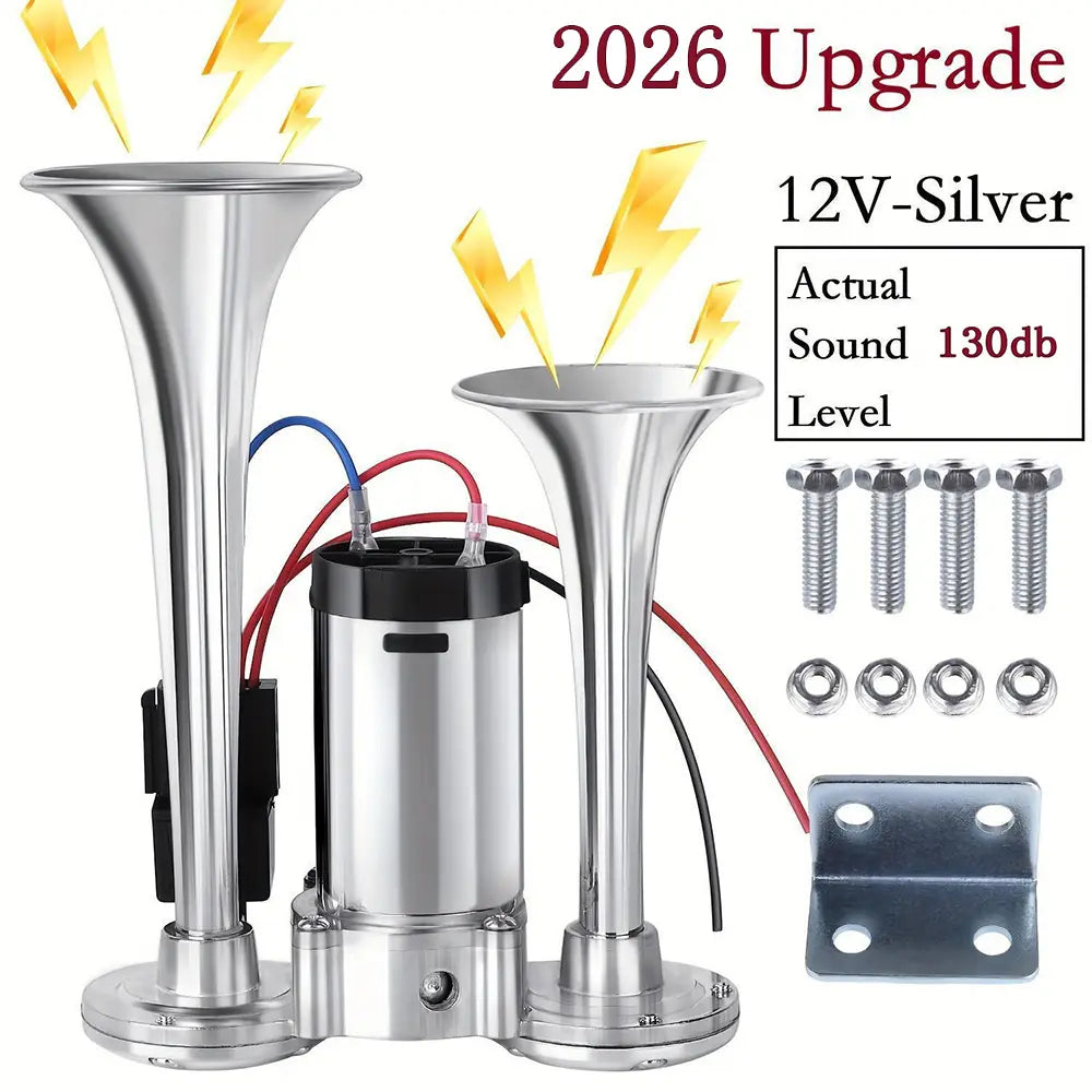 12V Dual Air Horn Kit - Dual Trumpets & Compressor for a Stronger Warning Sound