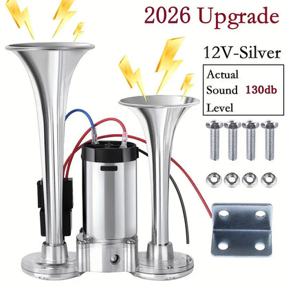12V Dual Air Horn Kit - Dual Trumpets & Compressor for a Stronger Warning Sound