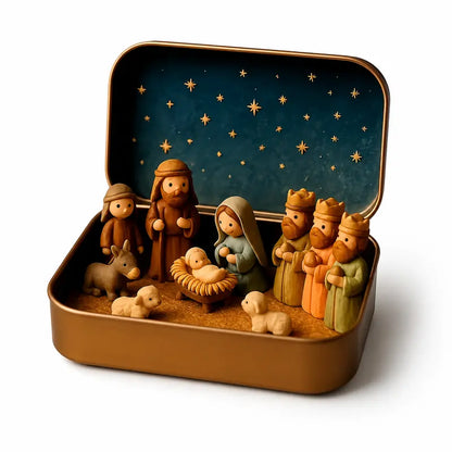 Portable Mini Christmas Nativity Scene Set in Storage Tin