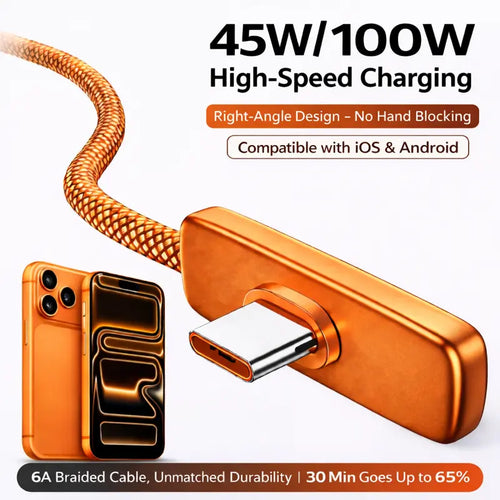 45W Right-Angle USB-C Cable - Fast Charging Without Blocking Your Hand