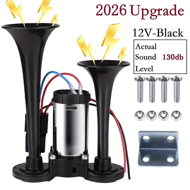 12V Dual Air Horn Kit - Dual Trumpets & Compressor for a Stronger Warning Sound