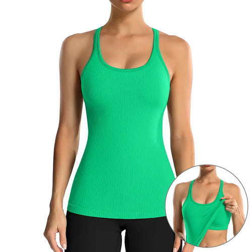Seamless Ribbed Workout Tank Tops with Built-in Bra Support