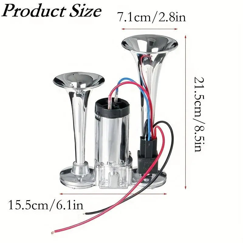 12V Dual Air Horn Kit - Dual Trumpets & Compressor for a Stronger Warning Sound
