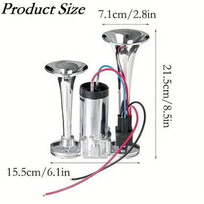 12V Dual Air Horn Kit - Dual Trumpets & Compressor for a Stronger Warning Sound