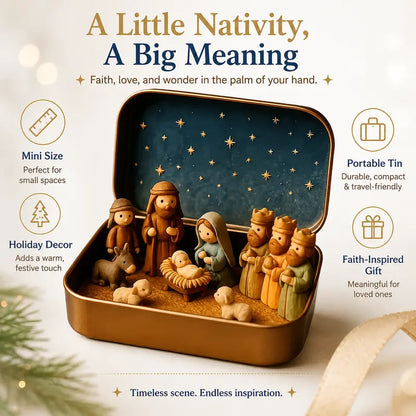 Portable Mini Christmas Nativity Scene Set in Storage Tin