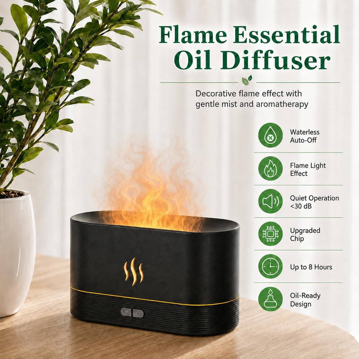 Flame Effect Aroma Diffuser — Cozy Ambience With Mist & 7-Color Glow