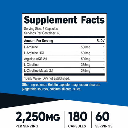 Nitric Oxide Support Capsules – 2,250mg Arginine & Citrulline Blend For Workout Support