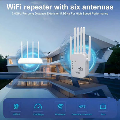 WiFi Extender - 1200Mbps Signal Booster With 6 Antennas For Stronger Home Coverage