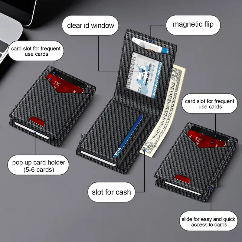 Ultra-Slim Carbon Fiber RFID Pop-Up Smart Wallet