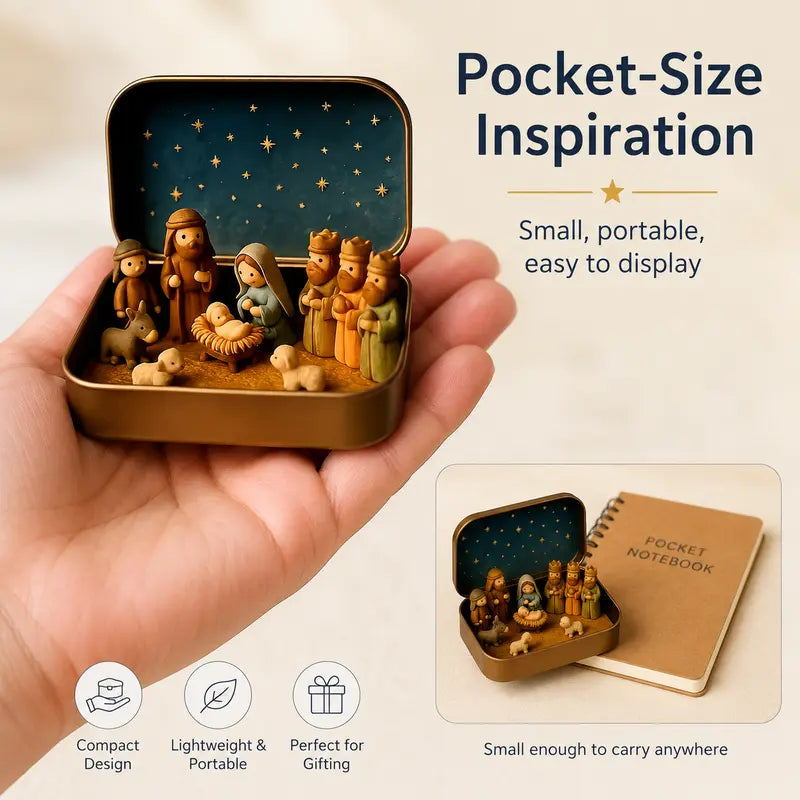 Portable Mini Christmas Nativity Scene Set in Storage Tin