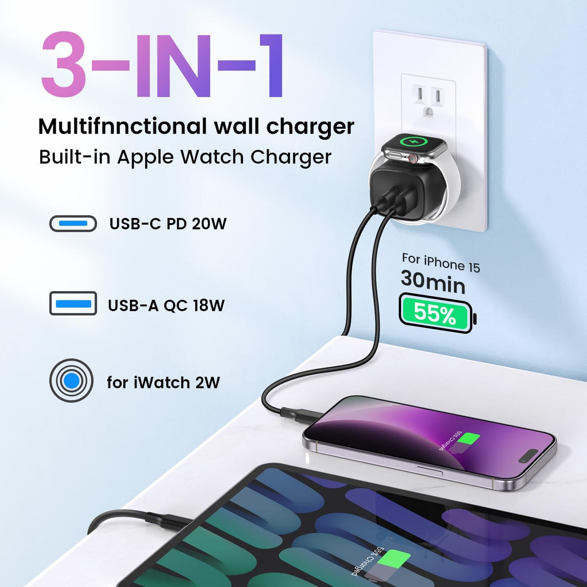 3-in-1 Wall Charger - One Compact Plug For All Your Essentials