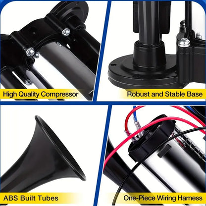 12V Dual Air Horn Kit - Dual Trumpets & Compressor for a Stronger Warning Sound