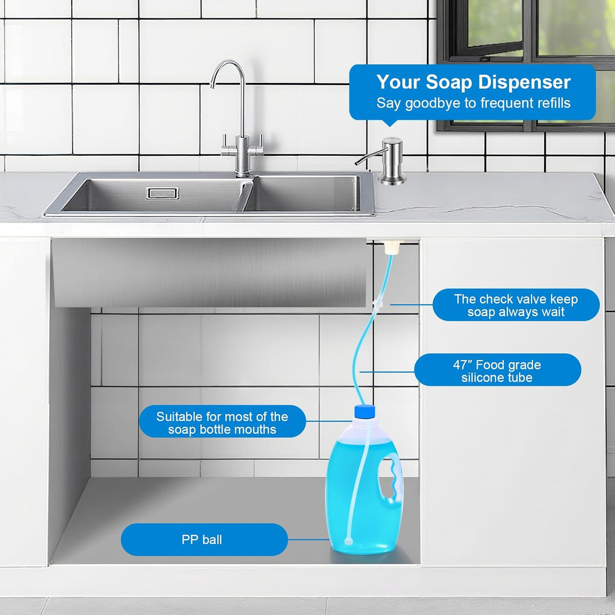 Kitchen Sink Soap Dispenser - 39" Direct-Feed Tube For Fewer Refills