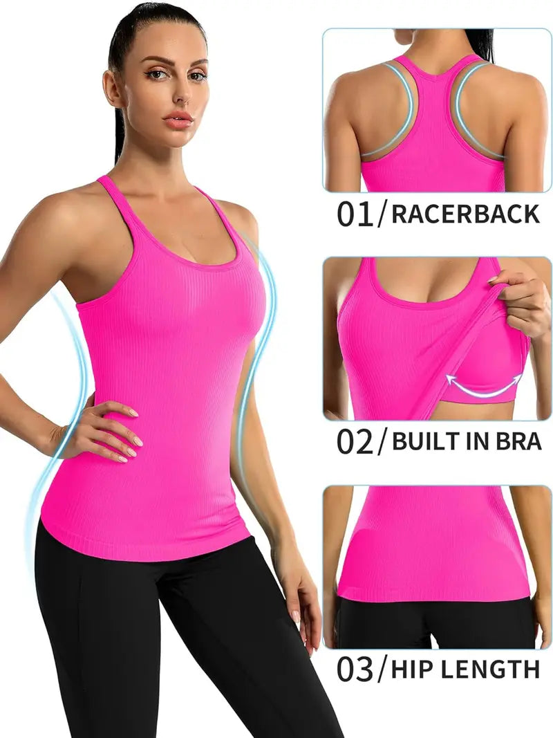 Seamless Ribbed Workout Tank Tops with Built-in Bra Support