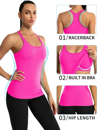 Seamless Ribbed Workout Tank Tops with Built-in Bra Support