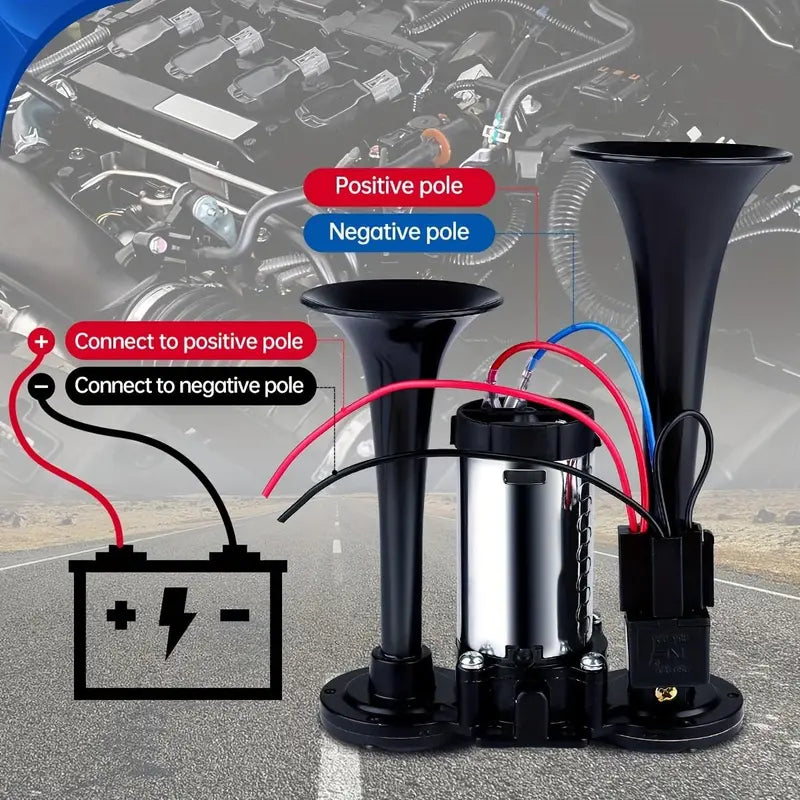 12V Dual Air Horn Kit - Dual Trumpets & Compressor for a Stronger Warning Sound