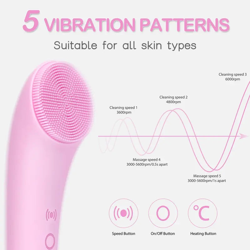 Heatable Facial Cleansing Brush - 5 Vibration Levels & 40°C Warming Massage For Deeper Cleansing