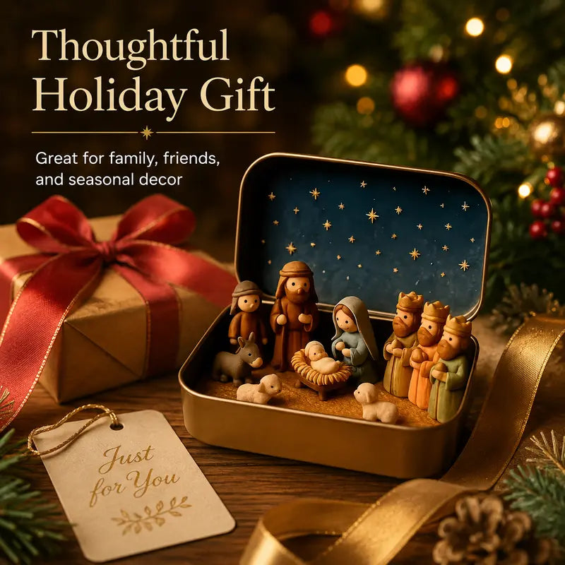 Portable Mini Christmas Nativity Scene Set in Storage Tin