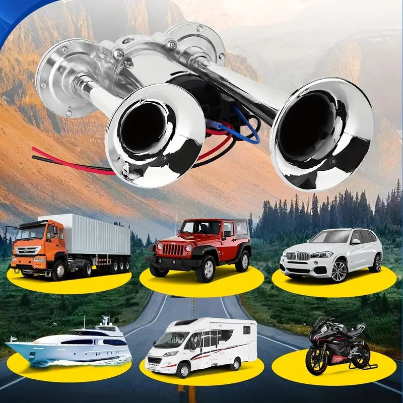 12V Dual Air Horn Kit - Dual Trumpets & Compressor for a Stronger Warning Sound