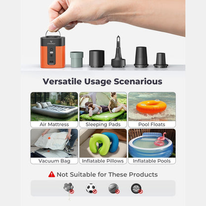 Inflate Anything In Seconds for camping, travel, beach days, and outdoor adventures.