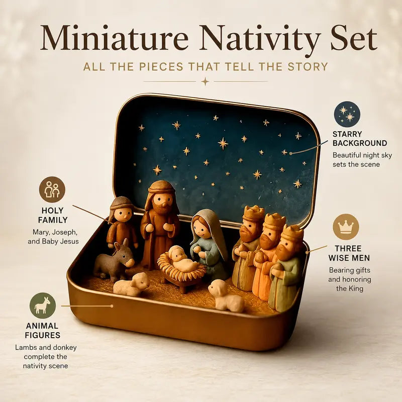 Portable Mini Christmas Nativity Scene Set in Storage Tin