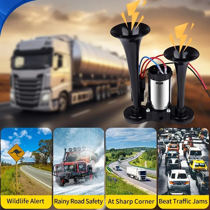 12V Dual Air Horn Kit - Dual Trumpets & Compressor for a Stronger Warning Sound
