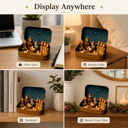 Portable Mini Christmas Nativity Scene Set in Storage Tin