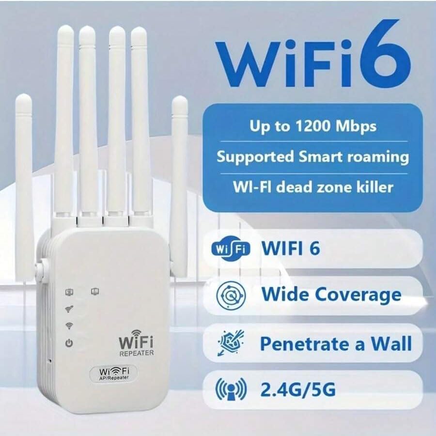 WiFi Extender - 1200Mbps Signal Booster With 6 Antennas For Stronger Home Coverage