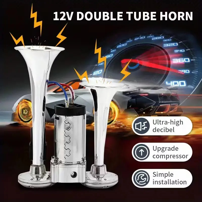 12V Dual Air Horn Kit - Dual Trumpets & Compressor for a Stronger Warning Sound