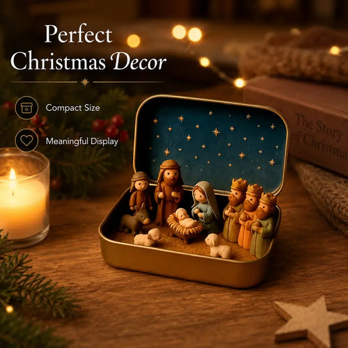 Portable Mini Christmas Nativity Scene Set in Storage Tin