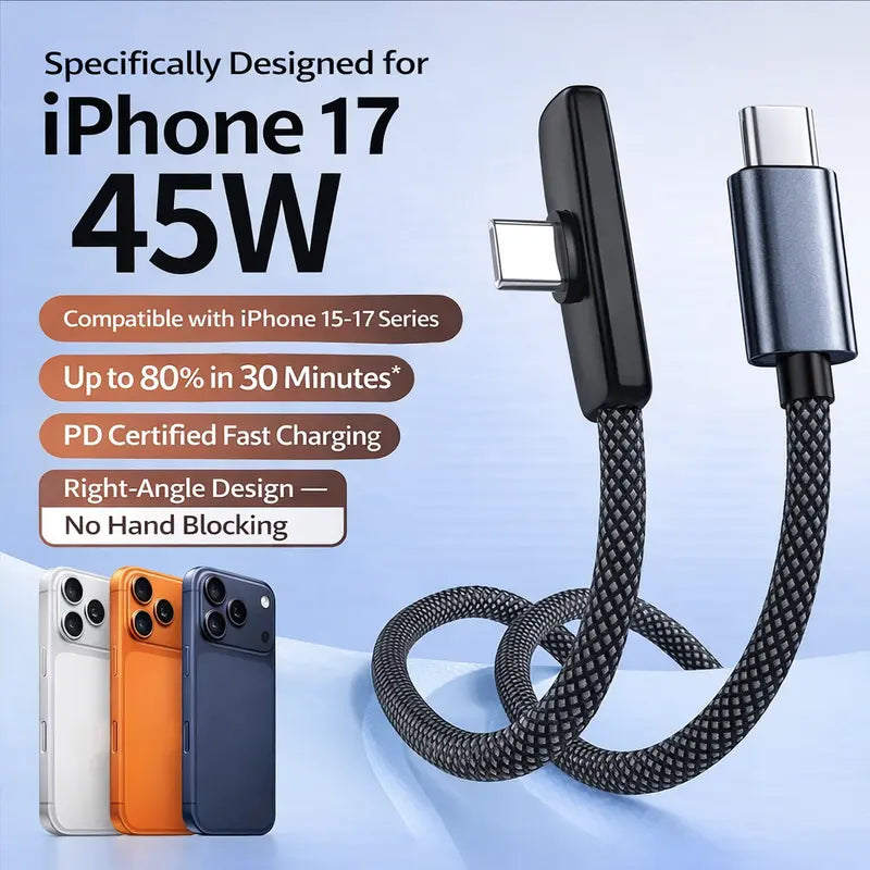 45W Right-Angle USB-C Cable - Fast Charging Without Blocking Your Hand