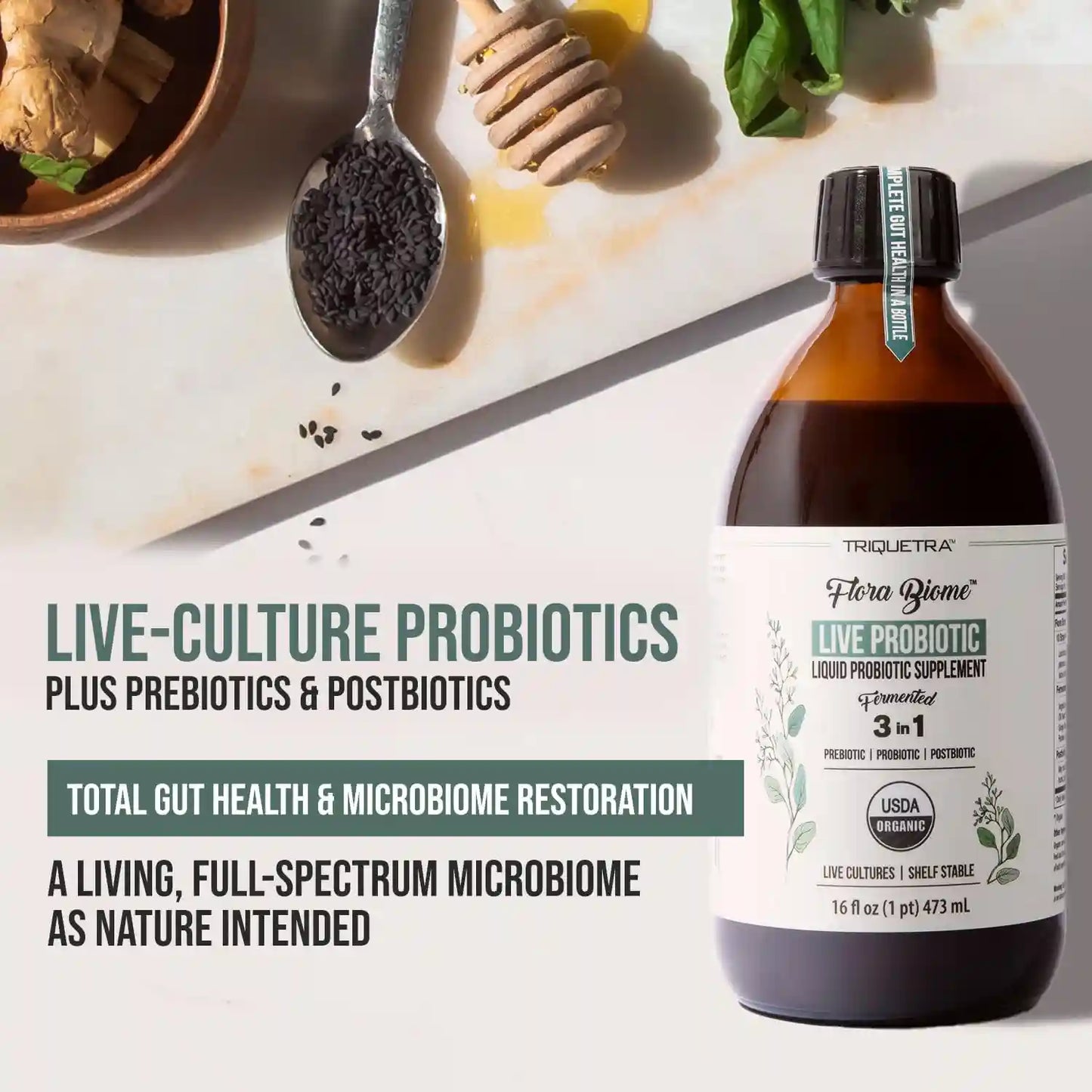 Liquid Microbiome Supplement – 3-in-1 Living Formula For Total Gut Health Restoration