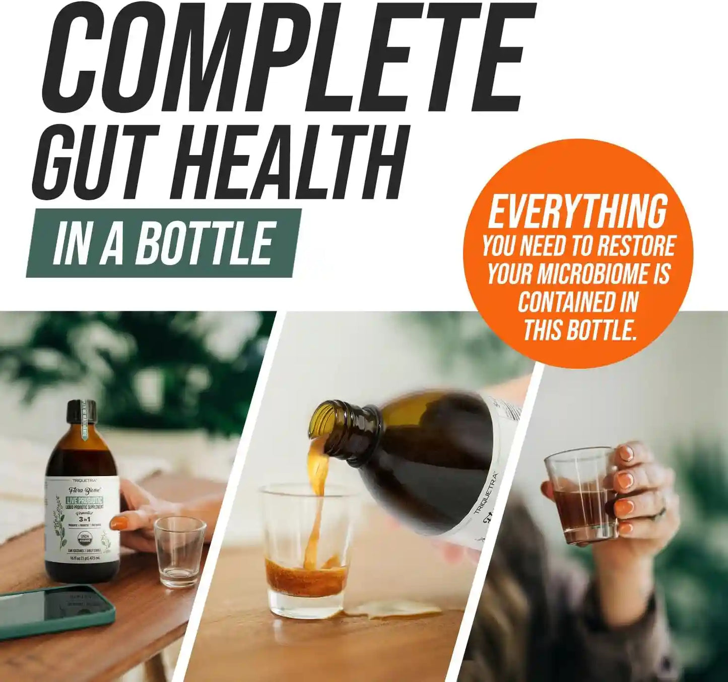 Liquid Microbiome Supplement – 3-in-1 Living Formula For Total Gut Health Restoration
