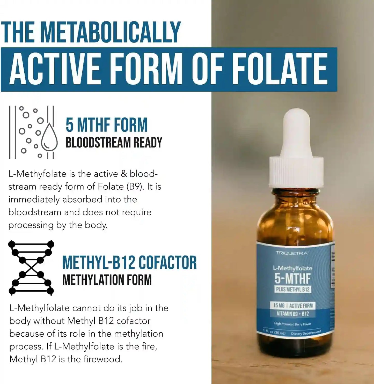 L-Methyl Folate 5-MTHF Dietary Drops – 15 mg Active Folate for Brain & Mood Support