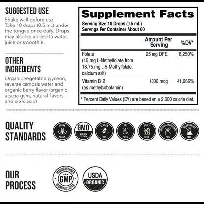 L-Methyl Folate 5-MTHF Dietary Drops – 15 mg Active Folate for Brain & Mood Support