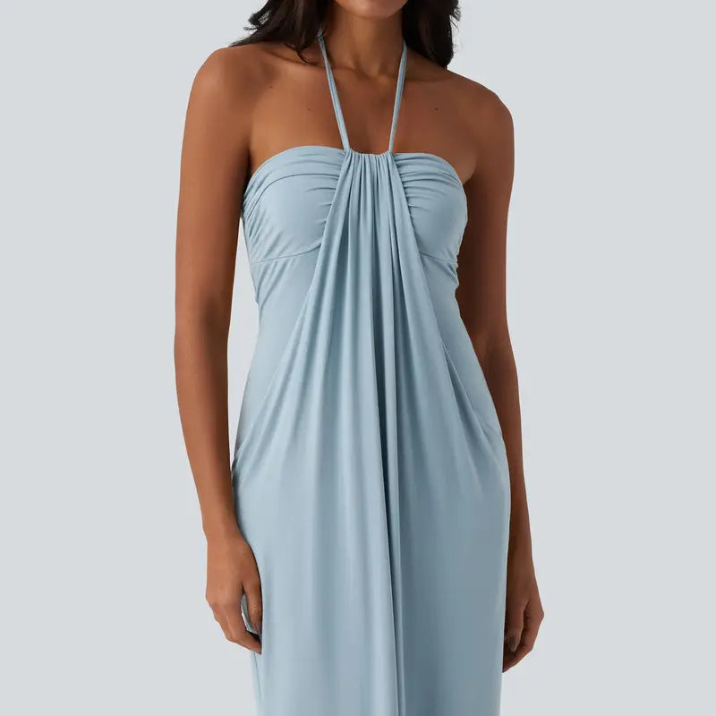 Backless Halter Maxi Dress with Built-In Pockets