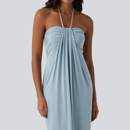 Backless Halter Maxi Dress with Built-In Pockets