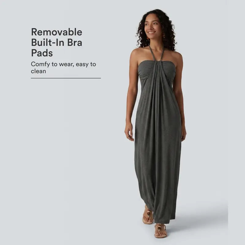 Backless Halter Maxi Dress with Built-In Pockets