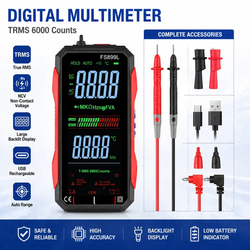 Smart Auto-Ranging Digital Multimeter – Rechargeable TRMS Voltage Tester