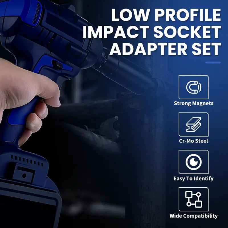 Low Profile Impact Socket Adapter Set for Tight Space Repairs