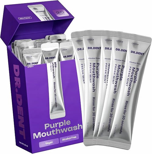 Instant Purple Color-Correcting Mouthwash Sachets for Whiter Teeth Anywhere