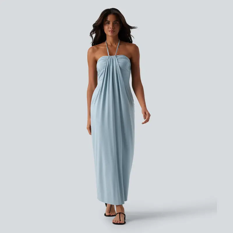 Backless Halter Maxi Dress with Built-In Pockets