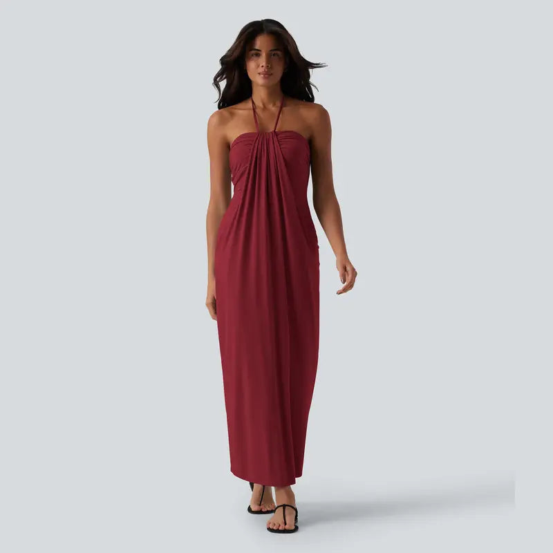 Backless Halter Maxi Dress with Built-In Pockets
