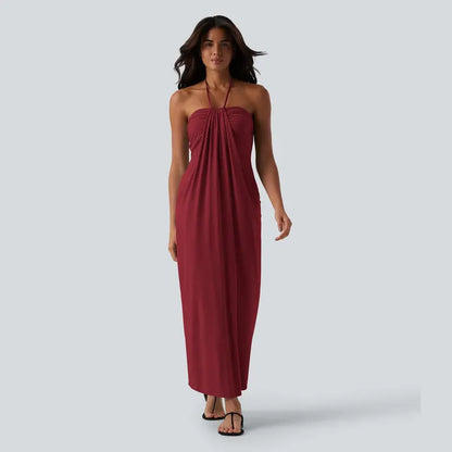 Backless Halter Maxi Dress with Built-In Pockets