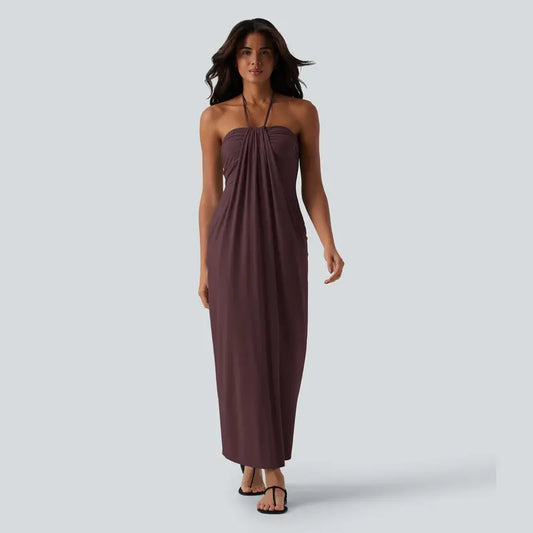Backless Halter Maxi Dress with Built-In Pockets