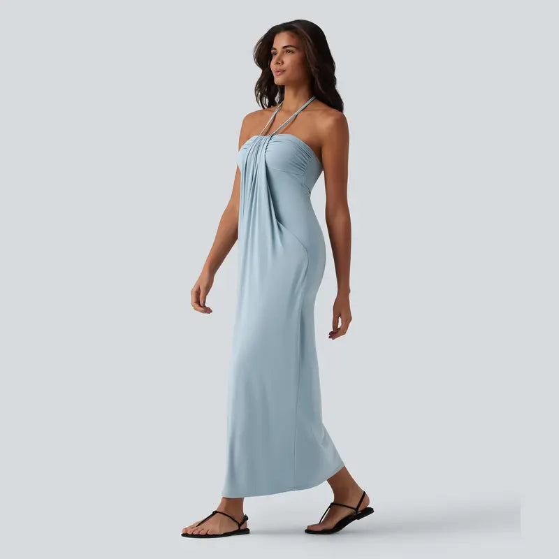Backless Halter Maxi Dress with Built-In Pockets