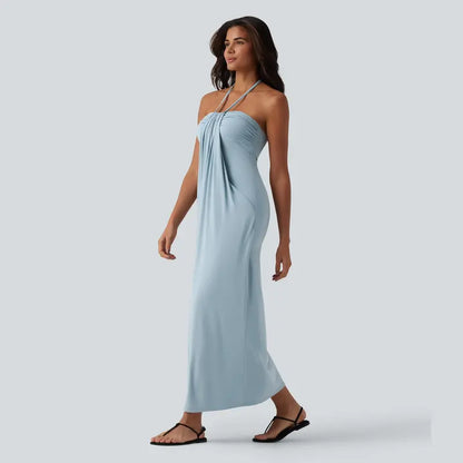 Backless Halter Maxi Dress with Built-In Pockets