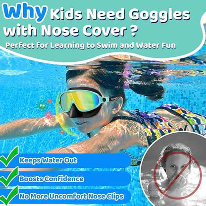 Leak-Free Crystal Clear Swimming Goggles with Comfort Nose Cover for Kids